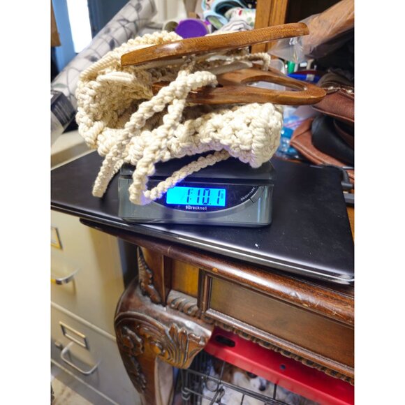 Vintage Handmade Macrame Crossbody Bag With Wooden Handles & Braided Strap - Picture 9 of 9